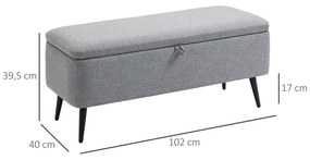 Banco de Armazenamento Estofado em Linho com Tampa Abatível e Pés de Aço para Dormitório Sala de Estar Entrada Carga Máxima 150kg 102x40x39,5cm Cinza