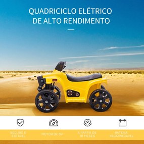 Moto 4 Elétrica para Crianças acima de 18 Meses Bateria 6V Faróis Buzina Velocidade -3km/h Avanço e Recuo 65x40x43cm Amarelo