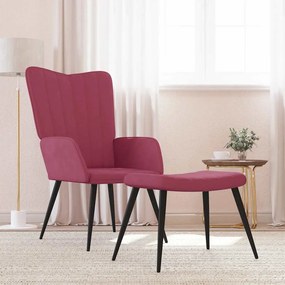 vidaXL Cadeira de descanso com banco veludo vermelho tinto