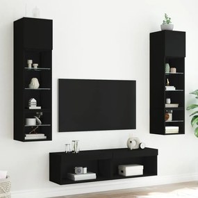 6pcs móveis de parede p/ TV c/ LEDs derivados de madeira preto