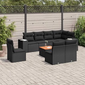 9 pcs conjunto de sofás p/ jardim c/ almofadões vime PE preto