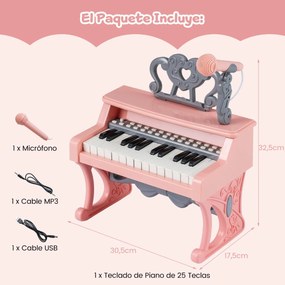 Piano de 25 teclas para crianças 30,5 x 17,5 x 32,5 cm com atril e microfone Brinquedo educativo para aprendizagem precoce 3+ anos Rosa
