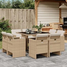 vidaXL 9 pcs conjunto de jantar p/ jardim com almofadões vime PE bege