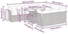 11 pcs conjunto sofás de jardim c/ almofadões vime PE preto