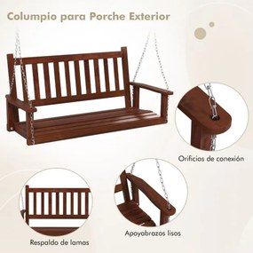 Banco de baloiço com 3 lugares 168 x 65 x 63 cm suspenso de madeira de choupo para jardim, Correntes ajustáveis Castanho