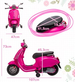 Moto Elétrica para Crianças com Licença Vespa 6V com USB MP3 Luz LED Rádio FM  Velocidade 3 km/h 107x47x73 cm Rosa