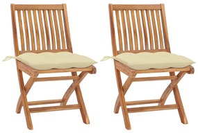 vidaXL Cadeiras de jardim c/ almofadões branco creme 2 pcs teca maciça