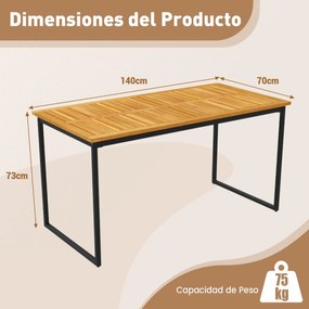 Mesa de jardim em madeira de acácia retangular, 140 cm para 6 pessoas (CADEIRAS NÃO INCLUIDAS), estrutura em metal e buraco natural e preto