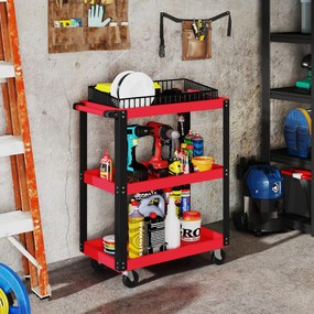 Carrinho de Ferramentas com 3 Prateleiras Rodas e Alças para Garagem Mecânica Casa Carga 120 kg Vermelho e Preto