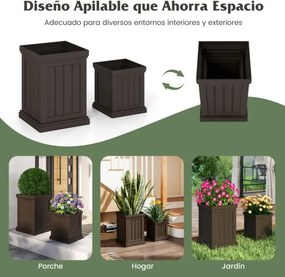 Conjunto de 2 vasos quadrados para flores de plástico com orifícios de drenagem e design empilhável para varanda, jardim Castanho