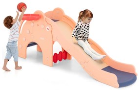 Escorrega de elefante 4 em 1 para crianças com mais de 18 meses Zona de amortecimento de basquetebol em forma de elefante Degraus antiderrapantes Rosa