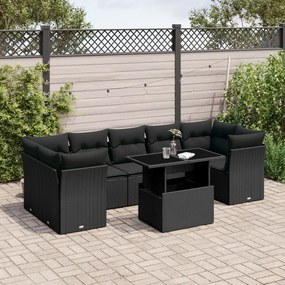8 pcs conjunto sofás de jardim com almofadões vime PE preto