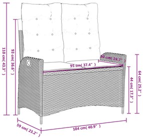 2 pcs conjunto de jantar p/ jardim c/ almofadões vime PE cinza