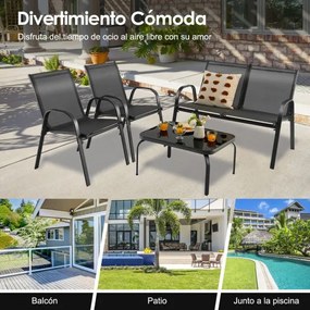 Conjunto de móveis de jardim de 4 peças com mesa de café de vidro temperado, banco e 2 cadeiras jardim Pátio Piscina