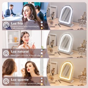 Espelho de Maquilhagem com Luz LED Giratório com 3 Modos de Iluminação Rotação Regulável de 360° e Função de Memória Branco