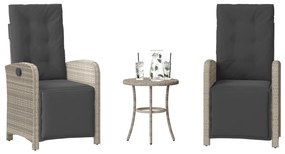 vidaXL 3 pcs conjunto bistrô com almofadões vime PE cinzento claro