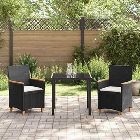 Conjunto de Jantar de Jardim com Almofadas 3 Peças na Cor Preta em Rat