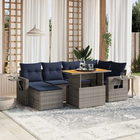 7 pcs conjunto sofás p/ jardim c/ almofadões vime PE cinzento
