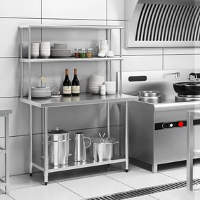 Estante Cozinha superior de aço inoxidável com prateleira inferior ajustável de 2 camadas para restaurante, casa e cozinha 122x30x85cm Prateado