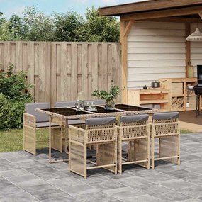 vidaXL 7 pcs conj. jantar jardim c/ almofadões vime PE bege misturado