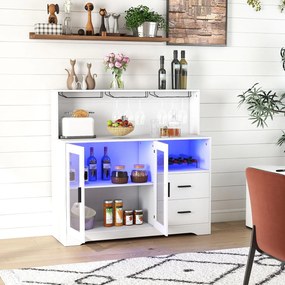 Armário Bar para Sala de Jantar, 120 x 40 x 115,5 cm, Iluminação LED de 7 Cores, Branco
