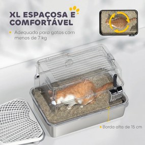 Caixa de Areia XL em Aço Inoxidável para Gatos, Fechada, com Tampa Basculante, Borda Alta, Pá Metálica, Anti-derrame, Cinzento-claro