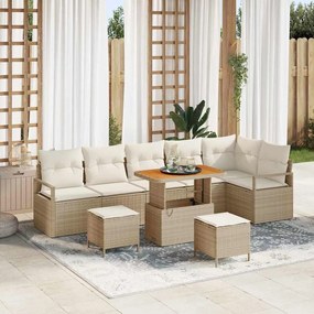 Conjunto de Sofá de Jardim vidaXL de 9 Peças com Almofadas Bege Rattan Sintético Acácia