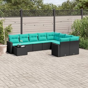 10 pcs conjunto de sofás p/ jardim c/ almofadões vime PE preto