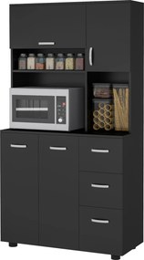 Armário de cozinha com vários compartimentos, 4 portas, 3 gavetas, prateleira + tabuleiro grande, 89 x 39,5 x 168 cm, preto