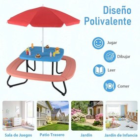 Mesa de atividades jardim crianças com guarda-sol ajustável e dobrável, 4 bancos incorporados até 8 crianças, 125 × 125 × 100-160 cm  azul