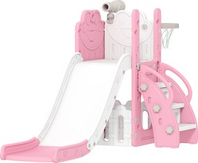 AIYAPLAY Conjunto de escorrega 5 em 1, telescópio, cesto de basquete, HDPE, plástico, Rosa+Branco | Aosom Portugal