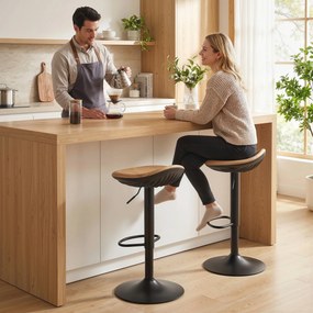 Conjunto de 2 bancos de bar, cadeiras de bar com altura ajustável e apoio para os pés, giratórias a 360°, base em aço, cor carvalho