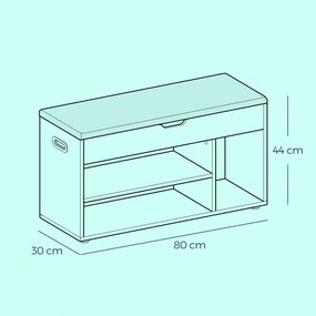 Banco sapateira com espaço de arrumação, estofado, com 3 compartimentos abertos 30 x 100 x 44 cm branco 