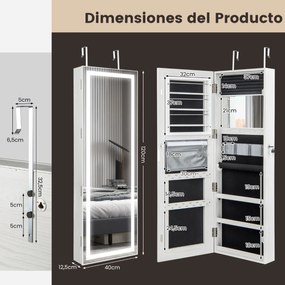 Armário para jóias com espelho LED 120 cm Luzes LED para espelhos 3 cores Espelho para maquilhagem e fecho magnético da porta Branco