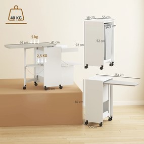 Móvel de engomar, 154 (L) x 55 (P) x 87 (A) cm dobrável com rodas, com portas de abertura por pressão e dobradiças com fecho suave, branco