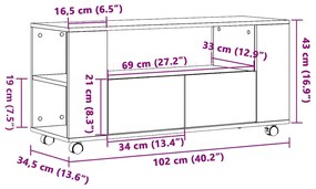 Móvel de TV c/ rodas 102x34,5x43cm deriv. madeira madeira velha