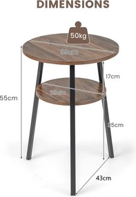 Mesa Auxiliar Redonda de 2 Níveis, 43 x 39 x 55 cm, Estrutura Metálica Robusta, Castanho