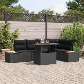 vidaXL Conjunto de Jantar de Jardim de 6 Peças com Almofadas Preto Rattan Poli Acácia