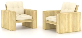 vidaXL Cadeiras jardim 2 pcs c/ almofadões cor creme pinho impregnado