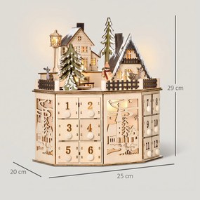 Calendário do Advento de Natal em Madeira Reutilizável com Luzes LED 24 Gavetas Cena de Aldeia 25x20x29 cm Natural
