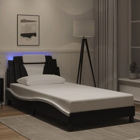 Estrutura cama c/ luzes LED 100x200cm couro artif. preto/branco