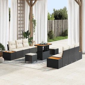 Conjunto de Sofás de Jardim vidaXL de 9 Peças com Almofadas Preto Polirattan Acácia