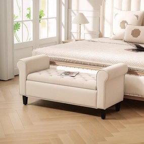 Banco para o Fundo da Cama com Arrumação, 126 x 48,5 x 57 cm, Design Capitonado, Bege