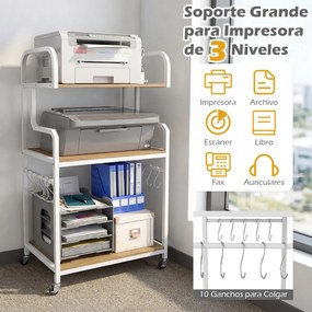 Suporte para impressora portátil 60 x 40 x 110 cm de 3 níveis com rodas, 10 ganchos em S, estrutura metálica Natural + Branco