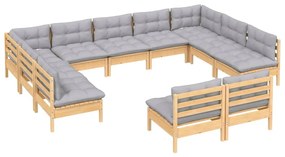 11pcs conjunto lounge de jardim + almofadões cinza pinho maciço