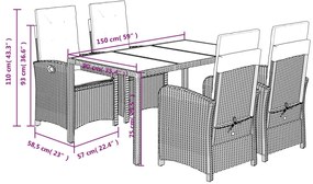 5 pcs conjunto de jantar p/ jardim c/ almofadões vime PE cinza