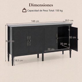Aparador de 4 Portas, 148 x 39,5 x 80,5 cm, Prateleiras Reguláveis, Preto