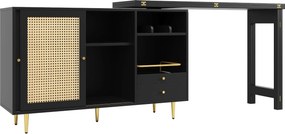 Mesa alta giratória 360° de design extensível com tampo rebatível, armário de arrumação com porta em rattan + prateleira aberta, 107x40x71,4 cm, Preto