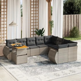 10 pcs conjunto sofás de jardim c/ almofadões vime PE cinzento