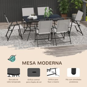 Conjunto de Refeição de 7 Peças com 6 Cadeiras Dobráveis e Mesa com Orifício para Chapéu de Sol para Terraço Exterior Cinza